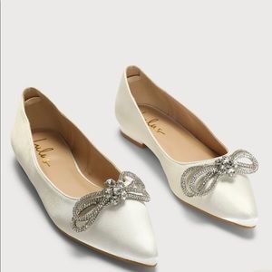 Bowful Ivory Satin Rhinestone Pointed-Toe Ballet Flats